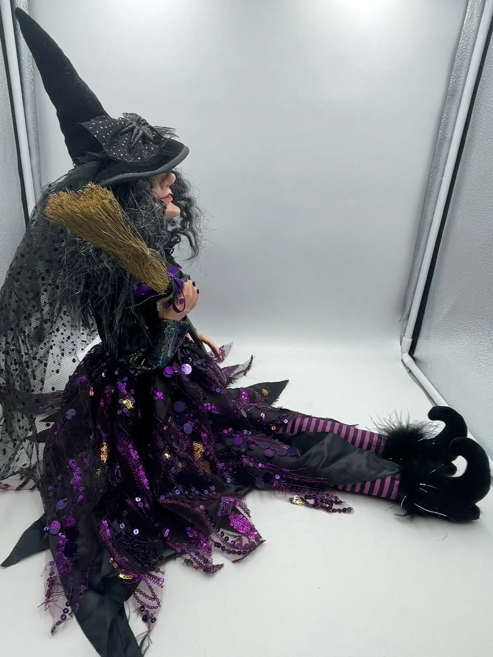 31” Halloween Gothic Wicked Witch Shelf Sitter Doll Purple Sequins w/Broom Stick